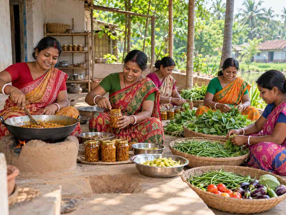 Illustrative image of women working together on a rural livelihood activity